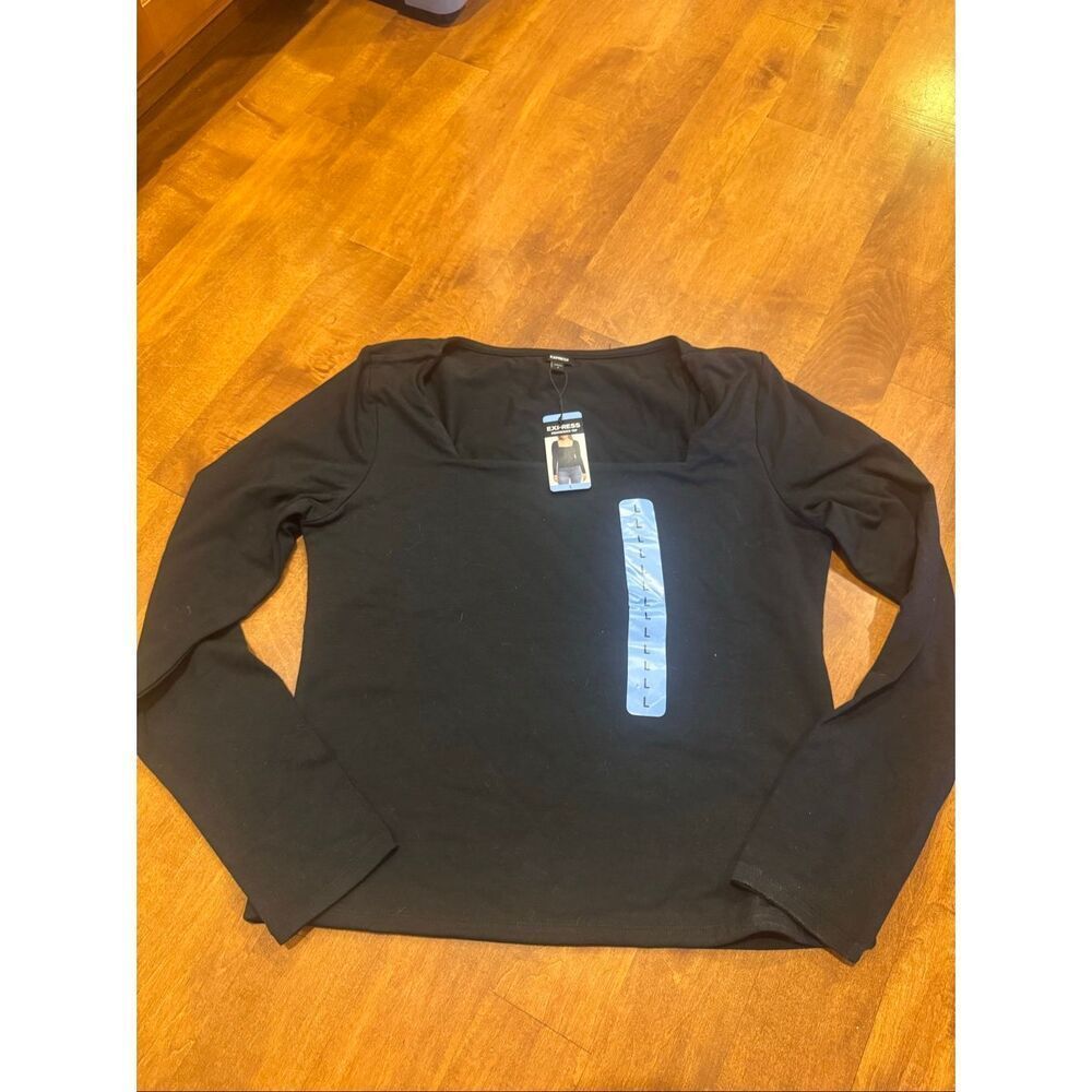 NWT Express Square Neck Long Sleeve Top Black Women’s Large Stretch Knit Shirt